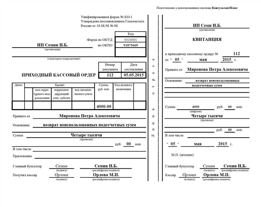 Пример приходного кассового ордера шаблон и инструкции